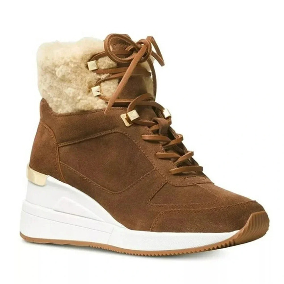 Michael Kors Women's Liv Wedge Booties Dark Caramel Suede Size 9.5 M (MSRP $250) - Picture 1 of 9